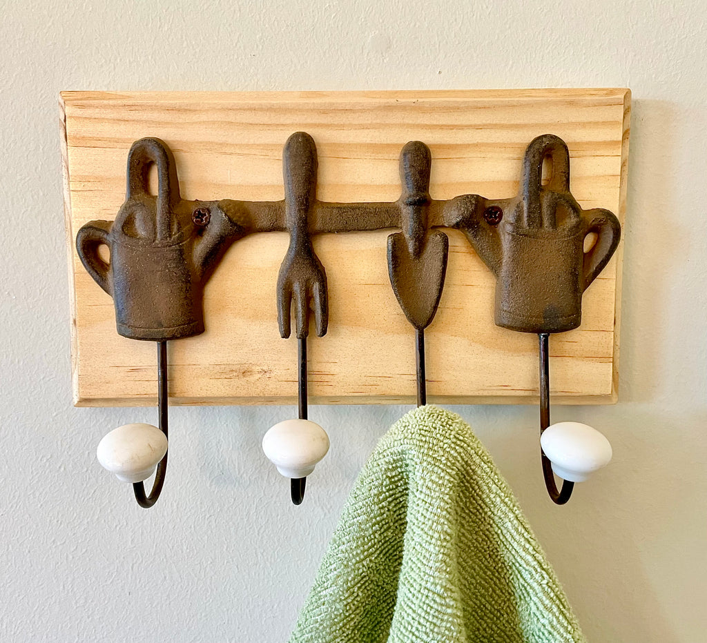 Vintage Cast Iron Gardening Tool Rack Mounted on Handcrafted Wood