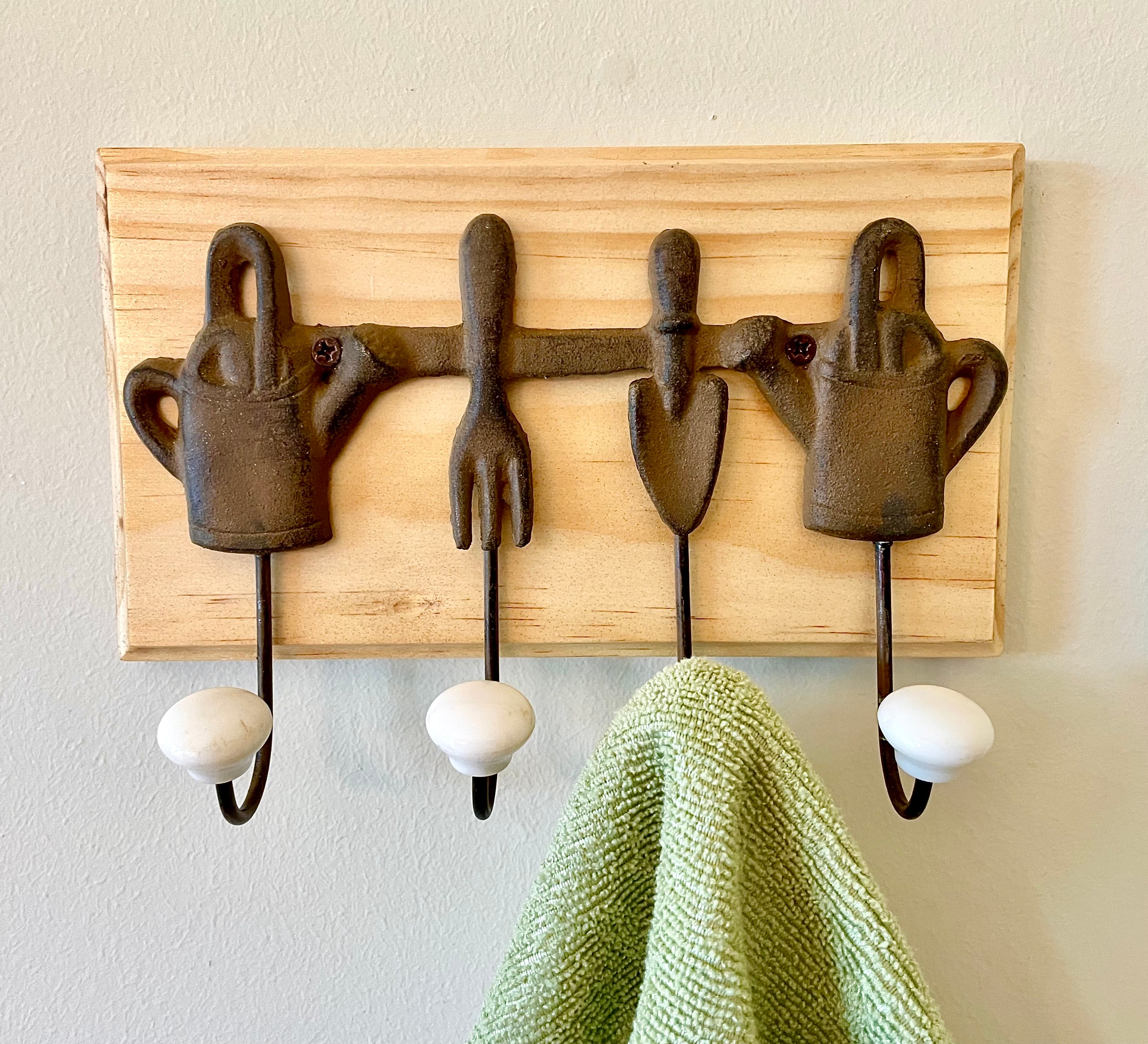 Vintage Cast Iron Gardening Tool Rack Mounted on Handcrafted Wood