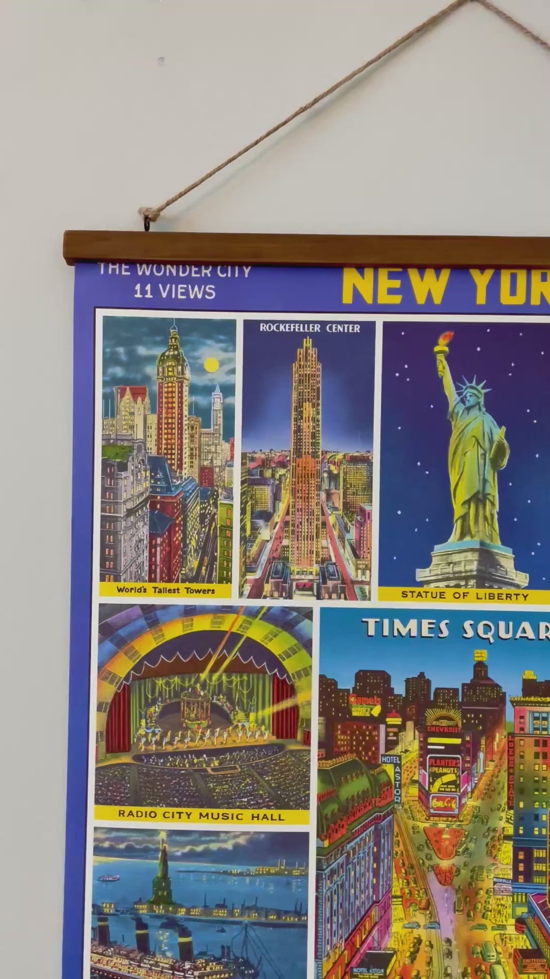 New York City by Night- Vintage Style Poster with Handcrafted Wood Stretcher Bars