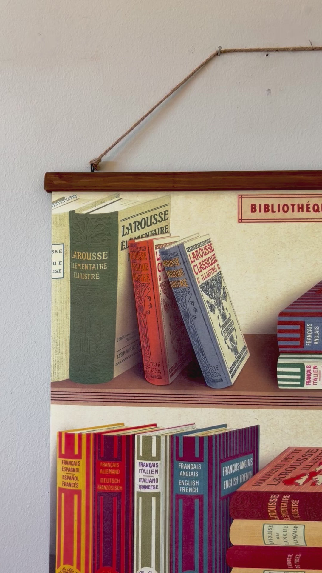 Bibliothèque (Library) - Vintage Style Poster with Handcrafted Wood Stretcher Bars