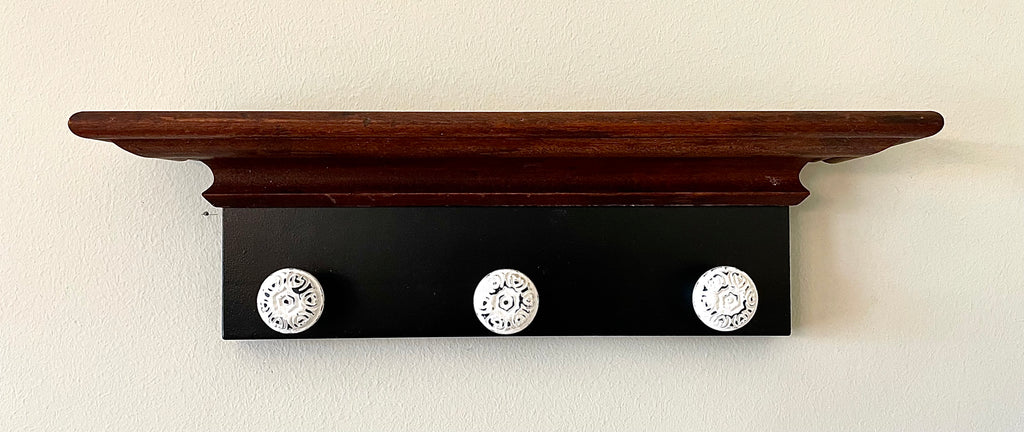 Vintage Wood Shelf with Three Knobs- Repurposed Vintage Walnut Picture Frame Wood