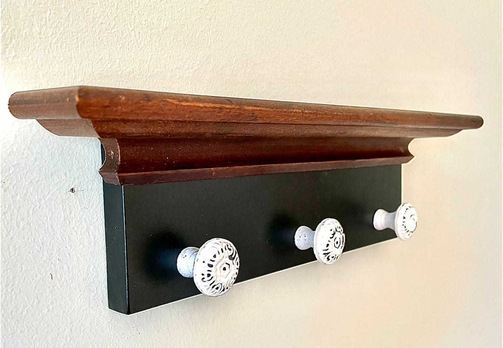 Vintage Wood Shelf with Three Knobs- Repurposed Vintage Walnut Picture Frame Wood