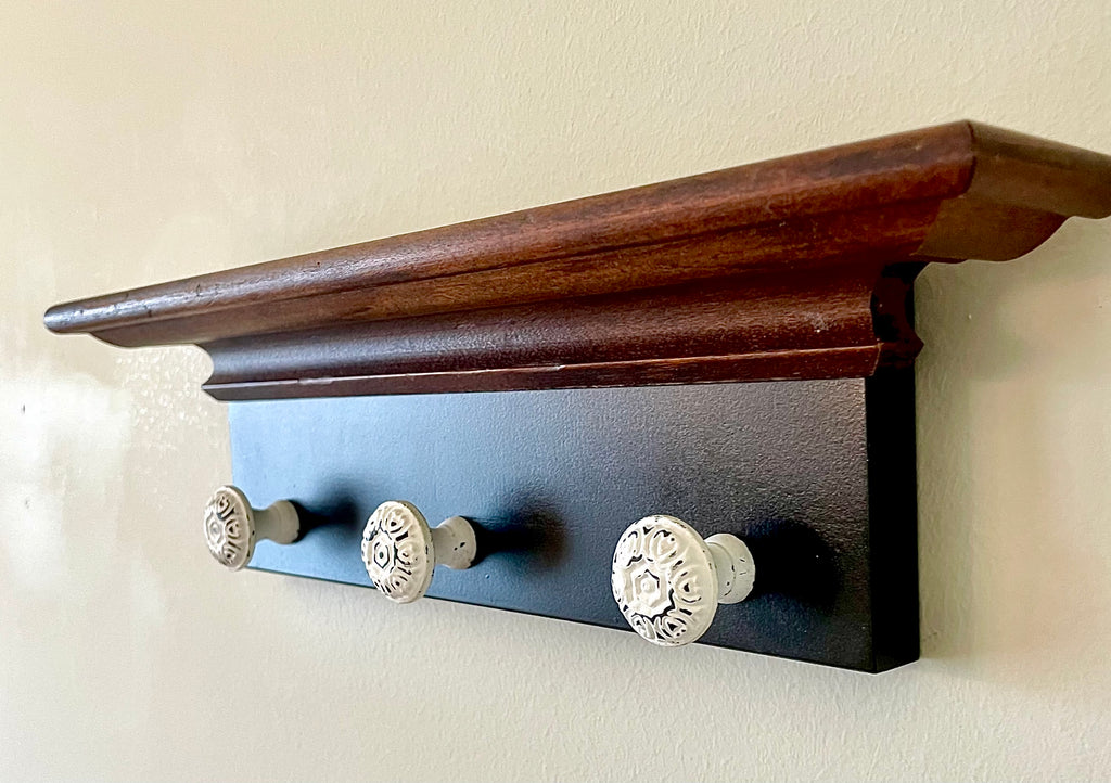 Vintage Wood Shelf with Three Knobs- Repurposed Vintage Walnut Picture Frame Wood