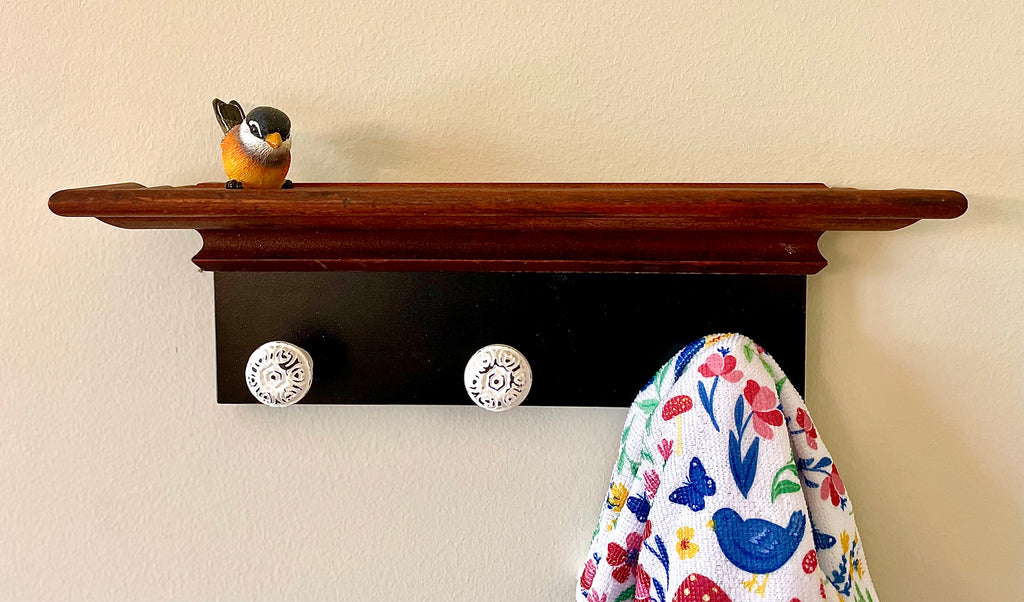 Vintage Wood Shelf with Three Knobs- Repurposed Vintage Walnut Picture Frame Wood